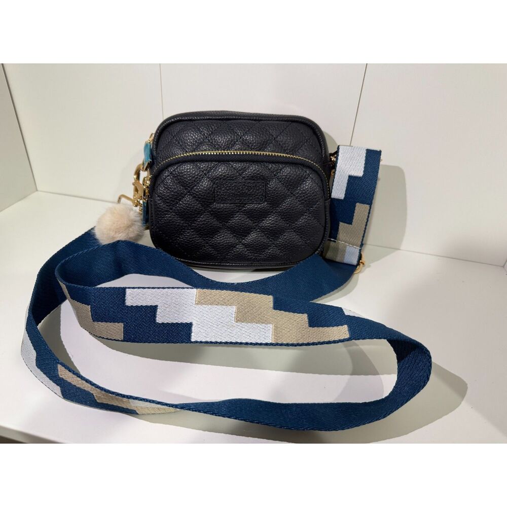 Pom Pom London Quilted Original Black Leather Crossbody Bag New